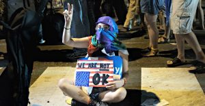 A protester outside the DNC.